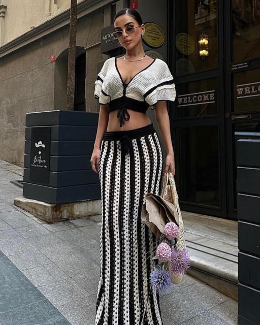 Summer Women's Sexy V-Neck Hollow Striped Knitted Women's Dress Set
