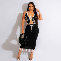 Sexy Butterfly halter neck Knitted Top Tassel Skirt suit