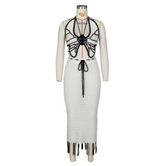 Sexy Butterfly halter neck Knitted Top Tassel Skirt suit