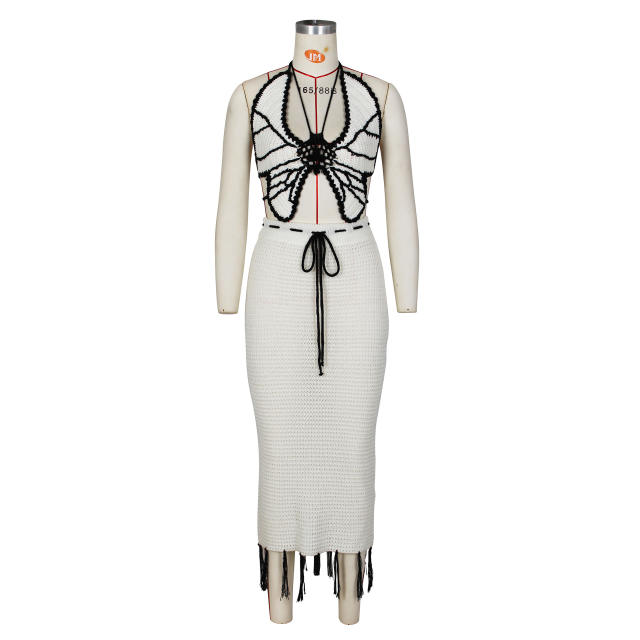 Sexy Butterfly halter neck Knitted Top Tassel Skirt suit