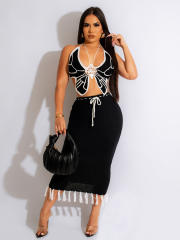 Sexy Butterfly halter neck Knitted Top Tassel Skirt suit