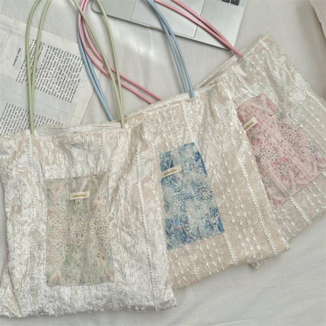 New Pearlescent Canvas Bag Large Capacity General Bag Girl's Lace Portable tote Bag