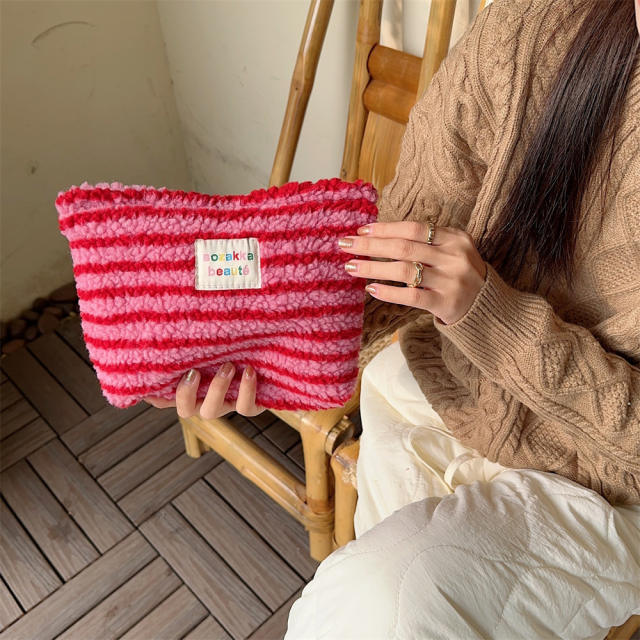 Ins style plush cosmetic bag color polka dot large capacity travel skin care cosmetics storage bag