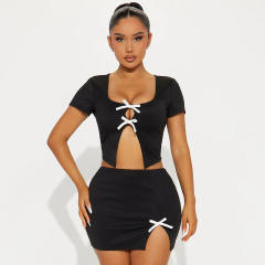 Spring summer sweet bow Short-sleeved tops Hip Skirt suit