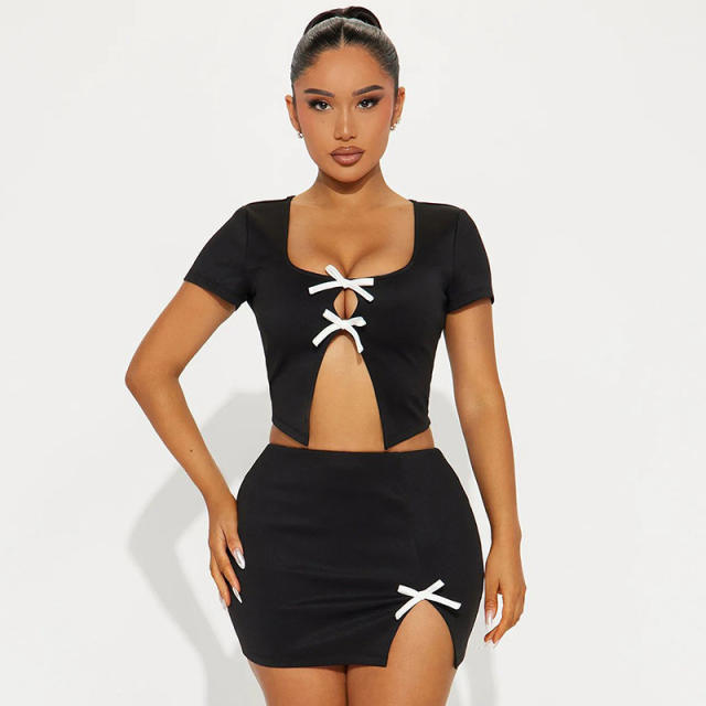 Spring summer sweet bow Short-sleeved tops Hip Skirt suit