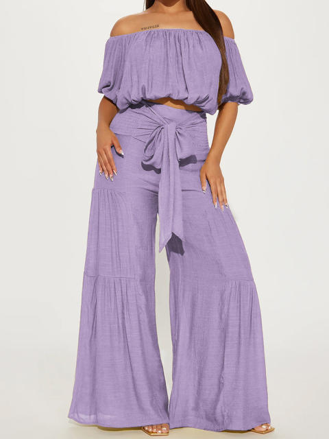 2025 spring women's elastic off shoulder short bubble sleeve tops high waist wide leg trousers suit