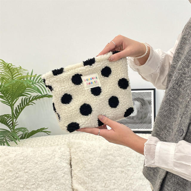 Ins style plush cosmetic bag color polka dot large capacity travel skin care cosmetics storage bag