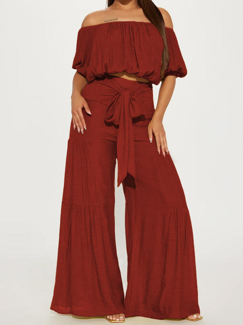 2025 spring women's elastic off shoulder short bubble sleeve tops high waist wide leg trousers suit