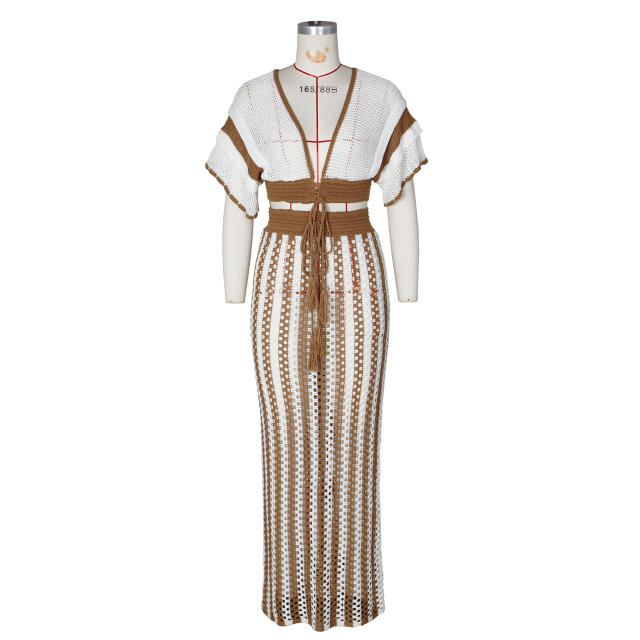 Summer Women's Sexy V-Neck Hollow Striped Knitted Women's Dress Set