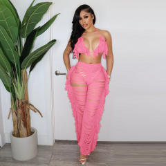 Summer Women Sexy Tassel Knitted Pants Set