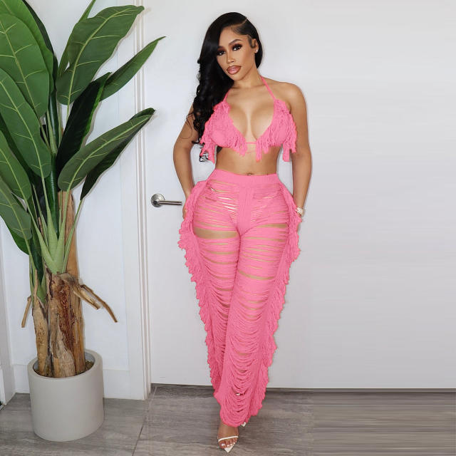 Summer Women Sexy Tassel Knitted Pants Set