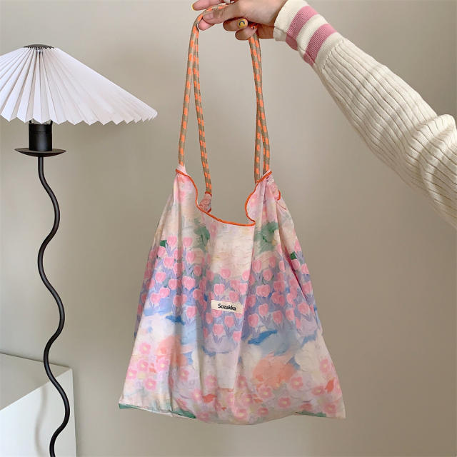 Korean Style Summer Large Capacity Shoulder Bag Drawstring Shopping Bag Fresh Floral Tote bag