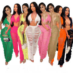 Summer Women Sexy Tassel Knitted Pants Set