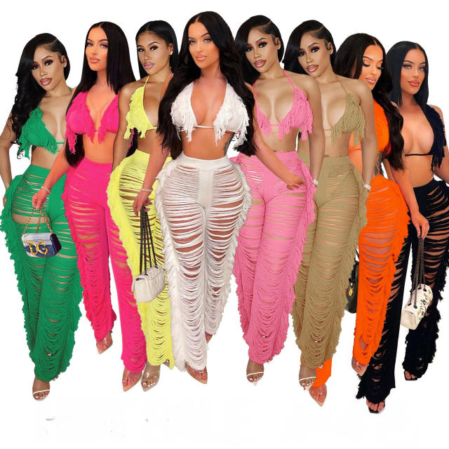 Summer Women Sexy Tassel Knitted Pants Set