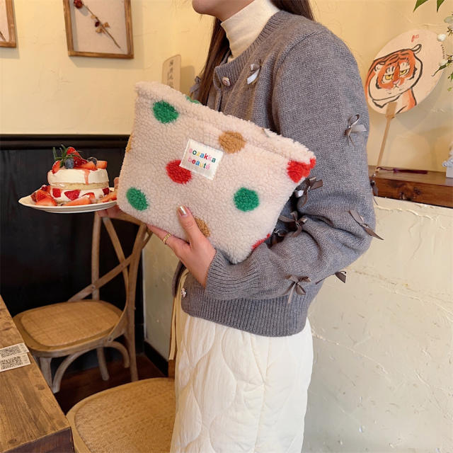 Ins style plush cosmetic bag color polka dot large capacity travel skin care cosmetics storage bag