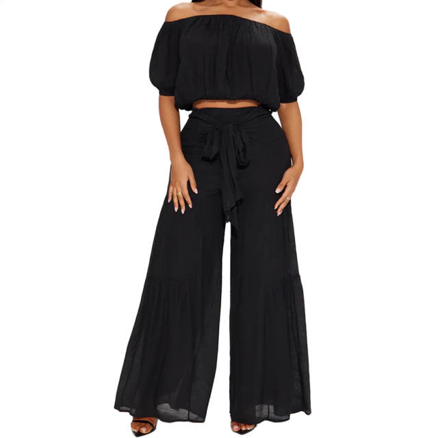 2025 spring women's elastic off shoulder short bubble sleeve tops high waist wide leg trousers suit