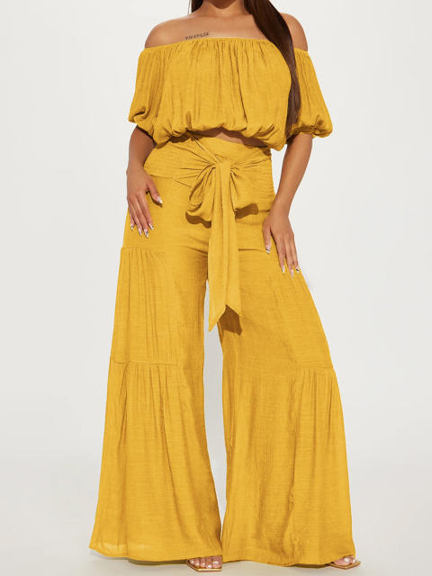 2025 spring women's elastic off shoulder short bubble sleeve tops high waist wide leg trousers suit