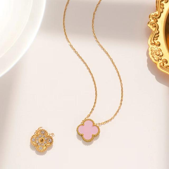 Classic Titanium Steel Diamond-Encrusted Double-Sided Four-Leaf Clover necklace