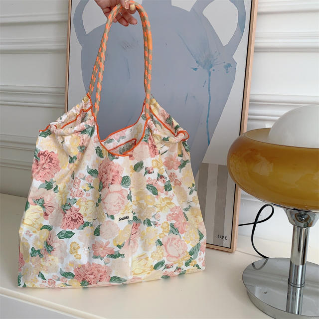 Korean Style Summer Large Capacity Shoulder Bag Drawstring Shopping Bag Fresh Floral Tote bag