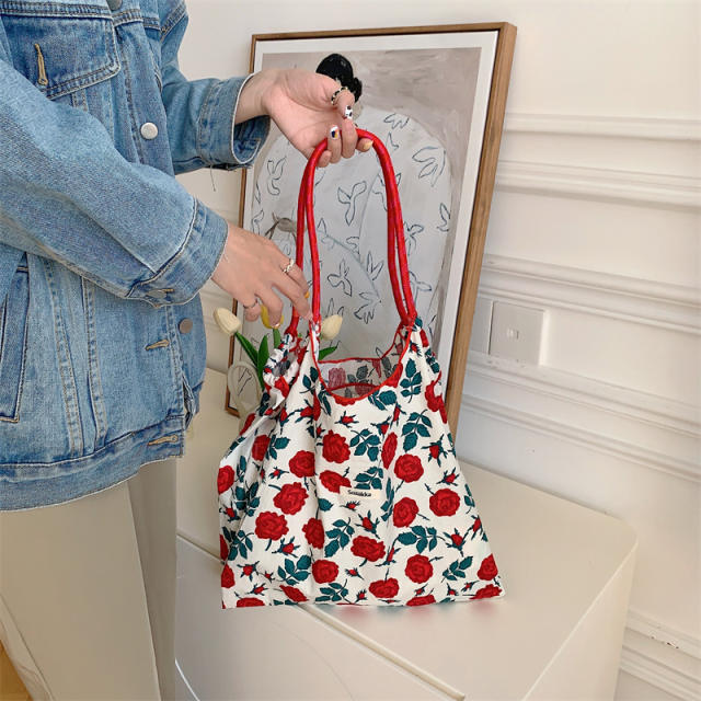 Korean Style Summer Large Capacity Shoulder Bag Drawstring Shopping Bag Fresh Floral Tote bag