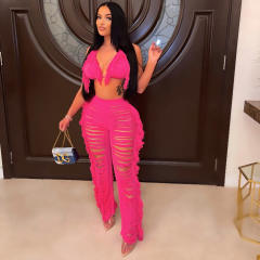 Summer Women Sexy Tassel Knitted Pants Set