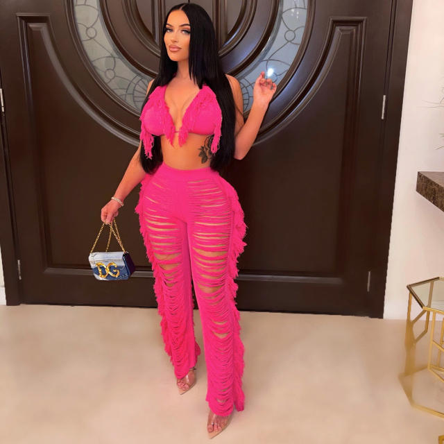Summer Women Sexy Tassel Knitted Pants Set