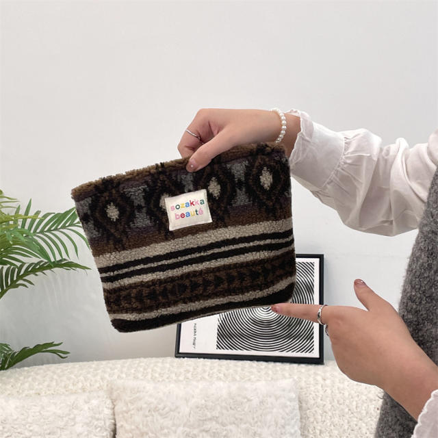 Ins style plush cosmetic bag color polka dot large capacity travel skin care cosmetics storage bag
