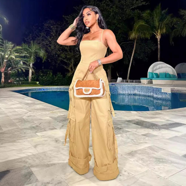 Women's Sexy Strapless Multi-Pocket Workwear Wide Leg jumpsuit