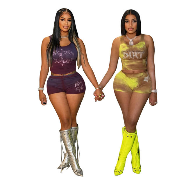 Sexy Spice Girl Mesh Butterfly Print Pleated Sling Sling 2025 Waisted Slim-Fit Vest Shorts suit