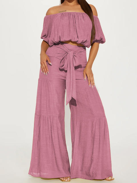 2025 spring women's elastic off shoulder short bubble sleeve tops high waist wide leg trousers suit