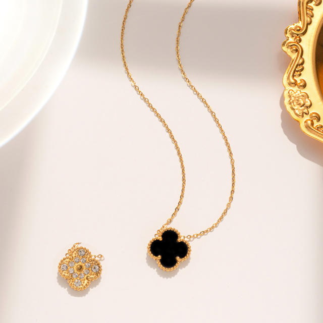 Classic Titanium Steel Diamond-Encrusted Double-Sided Four-Leaf Clover necklace