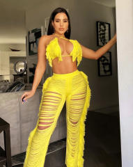 Summer Women Sexy Tassel Knitted Pants Set