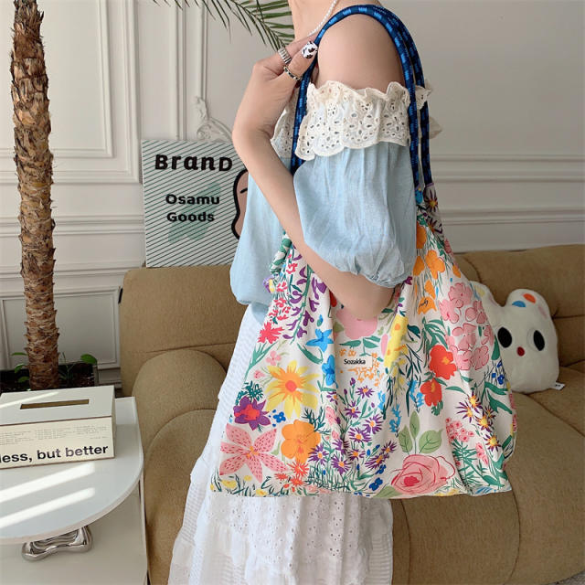 Korean Style Summer Large Capacity Shoulder Bag Drawstring Shopping Bag Fresh Floral Tote bag