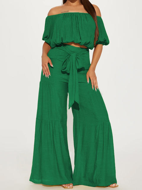 2025 spring women's elastic off shoulder short bubble sleeve tops high waist wide leg trousers suit