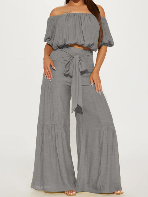 2025 spring women's elastic off shoulder short bubble sleeve tops high waist wide leg trousers suit