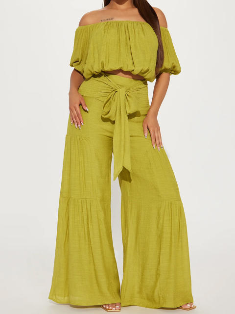 2025 spring women's elastic off shoulder short bubble sleeve tops high waist wide leg trousers suit