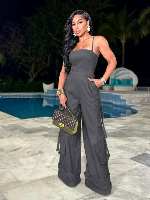 Women's Sexy Strapless Multi-Pocket Workwear Wide Leg jumpsuit