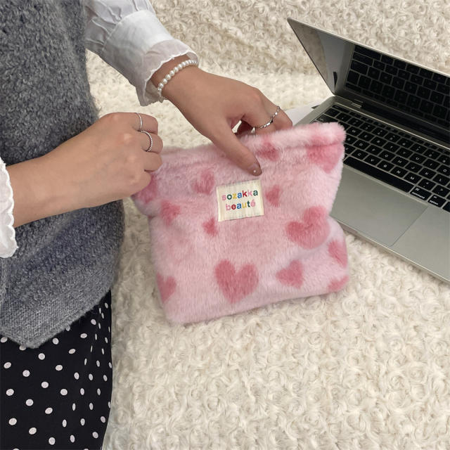 Ins style plush cosmetic bag color polka dot large capacity travel skin care cosmetics storage bag