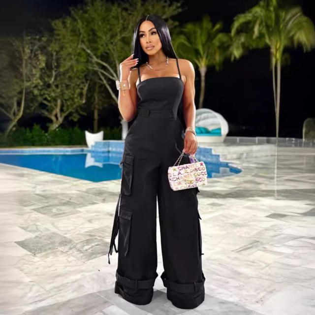 Women's Sexy Strapless Multi-Pocket Workwear Wide Leg jumpsuit