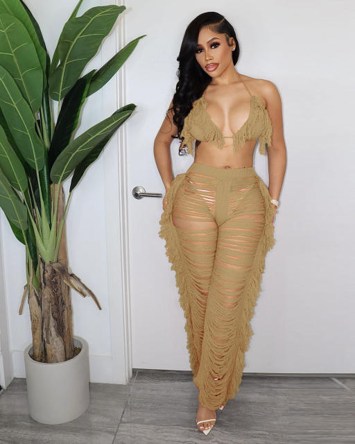 Summer Women Sexy Tassel Knitted Pants Set
