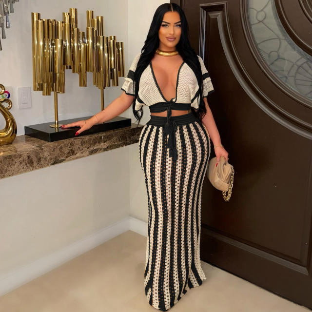 Summer Women's Sexy V-Neck Hollow Striped Knitted Women's Dress Set