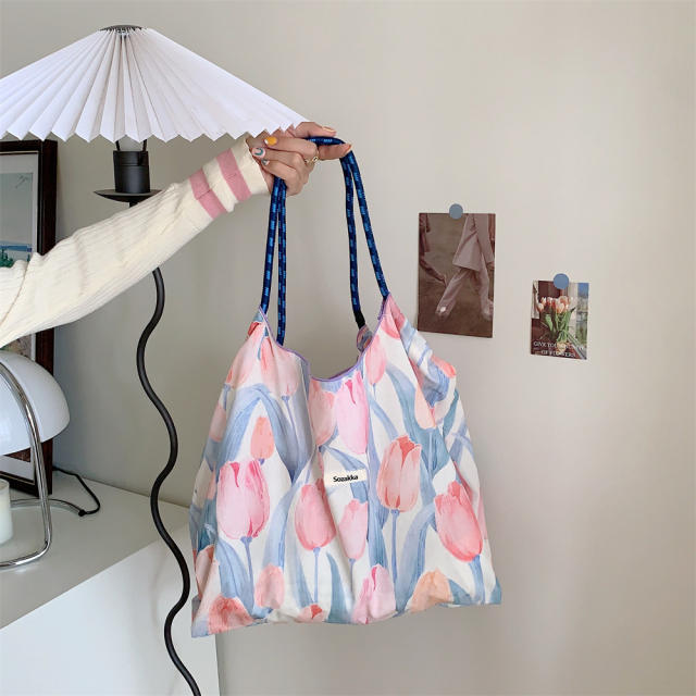 Korean Style Summer Large Capacity Shoulder Bag Drawstring Shopping Bag Fresh Floral Tote bag
