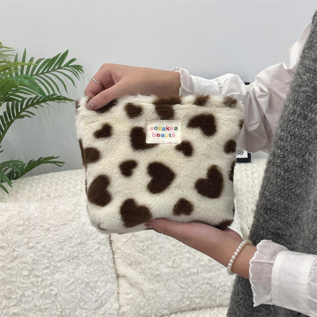 Ins style plush cosmetic bag color polka dot large capacity travel skin care cosmetics storage bag