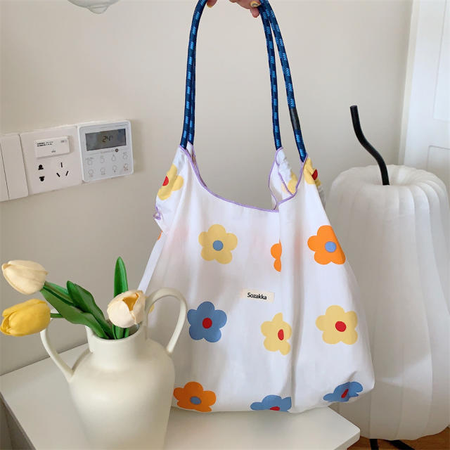 Korean Style Summer Large Capacity Shoulder Bag Drawstring Shopping Bag Fresh Floral Tote bag