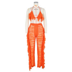 Summer Women Sexy Tassel Knitted Pants Set