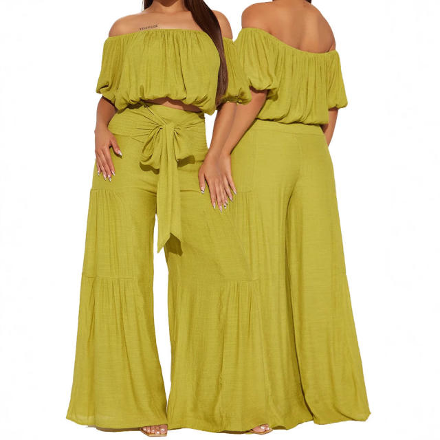 2025 spring women's elastic off shoulder short bubble sleeve tops high waist wide leg trousers suit