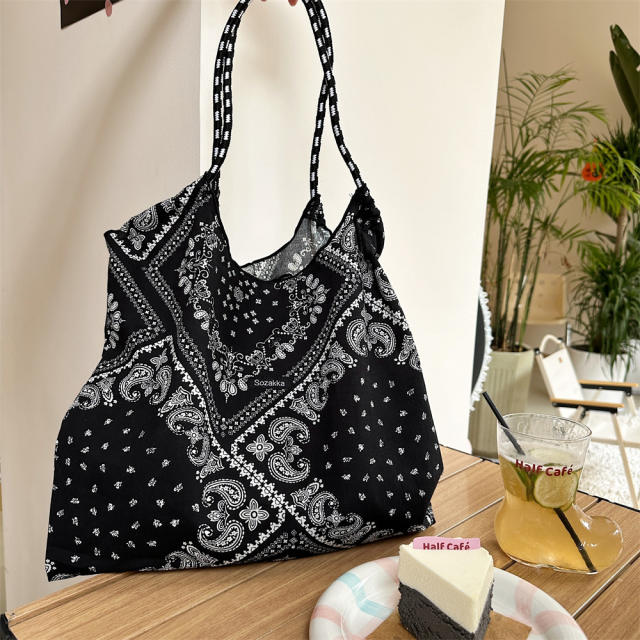 Korean Style Summer Large Capacity Shoulder Bag Drawstring Shopping Bag Fresh Floral Tote bag