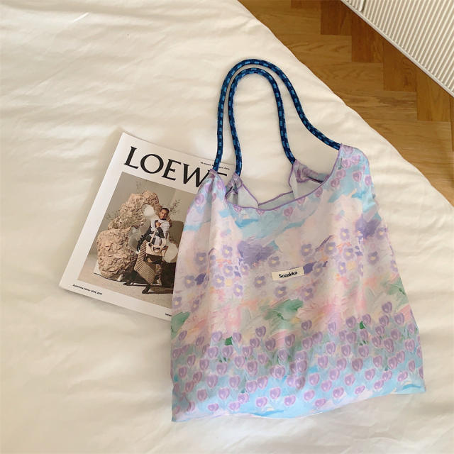 Korean Style Summer Large Capacity Shoulder Bag Drawstring Shopping Bag Fresh Floral Tote bag