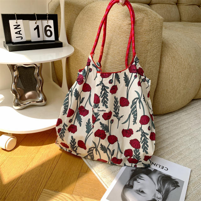 Korean Style Summer Large Capacity Shoulder Bag Drawstring Shopping Bag Fresh Floral Tote bag