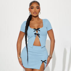 Spring summer sweet bow Short-sleeved tops Hip Skirt suit